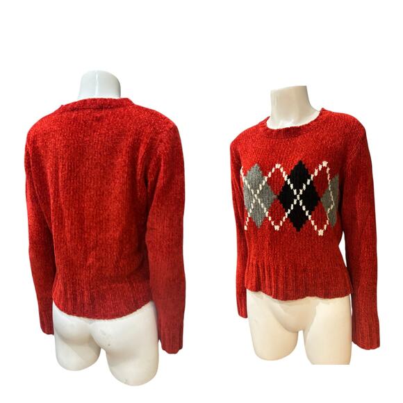 Vintage 90s Red Argyle Chenille Sweater Cozy Retro Knit Pullover / l Medium - - Picture 3 of 4